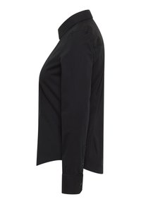 Black long-sleeve shirt with a pointed collar, buttoned cuffs, and a smooth texture. Features a tailored fit and minimal design details.