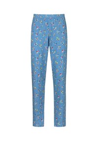 Blauwe pyjamabroek met een elastische tailleband, voorzien van een speelse print van kleurrijke pillen en bloemen. Zacht, lichtgewicht stof.