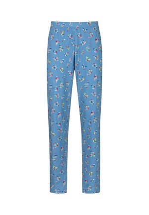Blauwe pyjamabroek met een elastische tailleband, voorzien van een speelse print van kleurrijke pillen en bloemen. Zacht, lichtgewicht stof.
