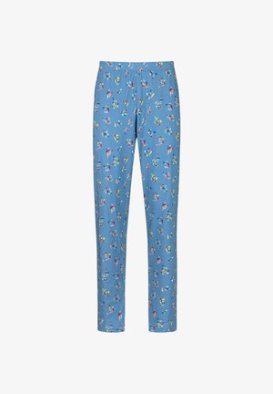 Blaue Schlafanzughosen mit elastischem Bund, die ein verspieltes Muster aus bunten Pillen und Blumen aufweisen. Weicher, leichter Stoff.