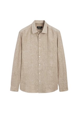 Beige long-sleeve linen shirt with button-down front and classic collar, designed for casual or formal wear.