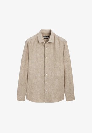 Chemise beige à manches longues en lin avec fermeture boutonnée à l'avant et col classique, conçue pour une tenue décontractée ou formelle.