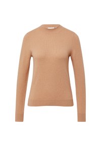 Langärmliger, kamelfarbener Strickpullover mit geripptem Kragen, Bündchen und Saum, der eine taillierte Silhouette und einen Rundhalsausschnitt aufweist.