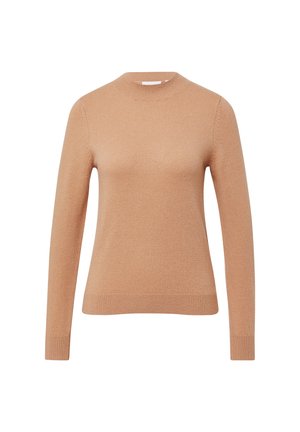 Długi rękaw, sweter w kolorze camel z dzianiny, z prążkowanym kołnierzem, mankietami i dołem, o dopasowanym fasonie i okrągłym dekolcie.