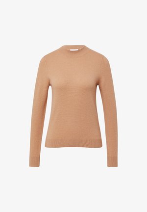 Maglione a maniche lunghe color cammello in maglia, con colletto, polsini e orlo a coste, caratterizzato da una silhouette aderente e scollatura a girocollo.