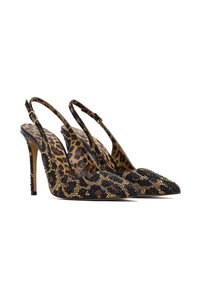 Leopardenmuster Slingback-Absätze mit spitzen Zehen, verziert mit goldenen und schwarzen Perlen, ausgestattet mit einem Stiletto-Absatz und einem verstellbaren Riemen.