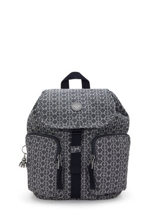 Grey patterned backpack with a fold-over flap, adjustable straps, two front zip pockets, and a top handle. Features a decorative logo.