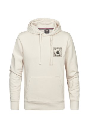 Sudadera con capucha de color crema con bolsillo canguro en la parte delantera y un pequeño gráfico negro de una planta de agave y texto en el pecho izquierdo.