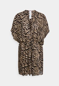Kimono leggero in tessuto trasparente con motivo a righe zebra in nero e beige, dotato di cintura in vita e maniche corte.