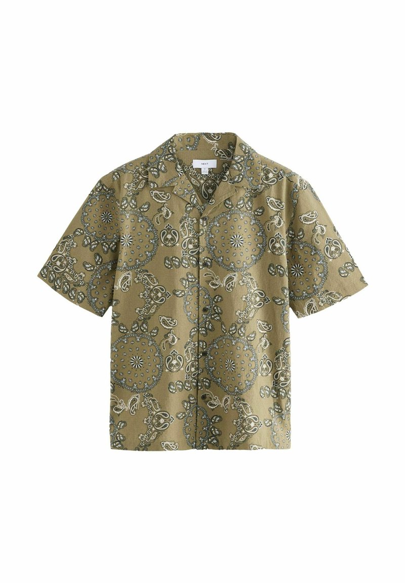 Korte mouwen overhemd in olijfgroen met ingewikkelde paisley- en bloempatronen in wit en blauw. Lichtgewicht stof met een ontspannen fit.