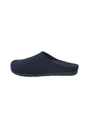 Navy felt slip-on slipper with a rounded toe and a soft, textured upper. Black rubber sole provides grip and durability.