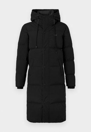 Parka nera imbottita con cappuccio, dal design lungo, caratterizzata da un motivo a righe orizzontali, bottoni a pressione frontali e tasche laterali.