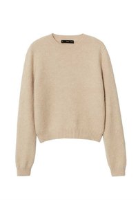 Maglione beige realizzato in tessuto morbido, con scollo rotondo, maniche lunghe e orlo e polsini a coste. Senza fantasie né accessori.