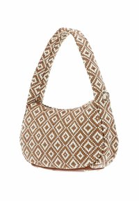 Borsa a spalla intrecciata marrone e bianca con un motivo a diamante, forma curva e manico spesso intrecciato. Presenta un piccolo dettaglio con chiusura in metallo.