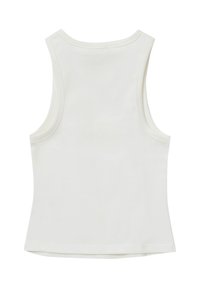 Canotta bianca senza maniche con una texture di tessuto morbida, scollatura rotonda e bordi puliti, adatta per un abbigliamento casual o per essere indossata a strati.