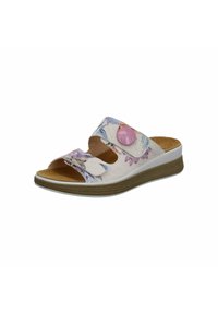 Open-toe sandal with a white synthetic upper featuring floral patterns. Lightweight sole with a pink accent button and cushioned insole.