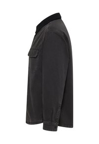 Black denim shirt with a corduroy collar, long sleeves, and a chest pocket. Features a relaxed fit and stitched detailing.