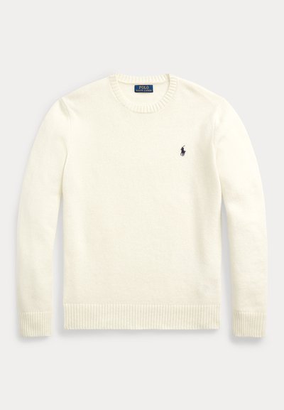 White long-sleeve crewneck sweater with ribbed cuffs and hem, featuring a small navy Polo Ralph Lauren logo on the left chest.