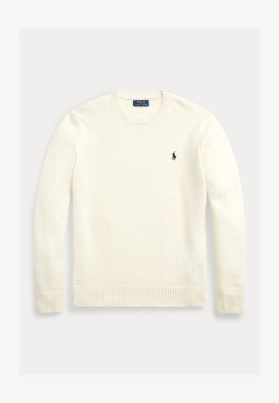 White long-sleeve crewneck sweater with ribbed cuffs and hem, featuring a small navy Polo Ralph Lauren logo on the left chest.