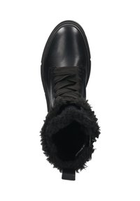 Schwarzer Lederwinterstiefel mit dicker Sohle, Schnürung an der Vorderseite und weichem Futter, das oben sichtbar ist.