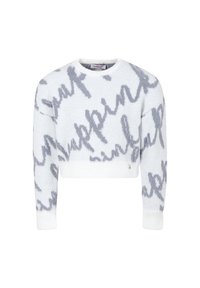 Maglione bianco corto con motivo in testo corsivo grigio e polsini e orlo a coste, con scollo a giro.