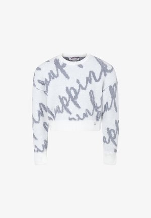Maglione bianco corto con motivo in testo corsivo grigio e polsini e orlo a coste, con scollo a giro.