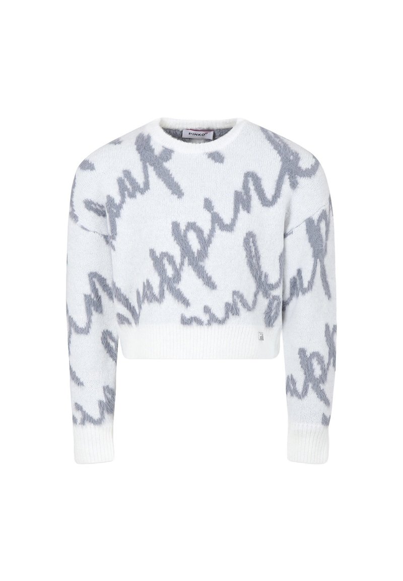 Maglione bianco corto con motivo in testo corsivo grigio e polsini e orlo a coste, con scollo a giro.