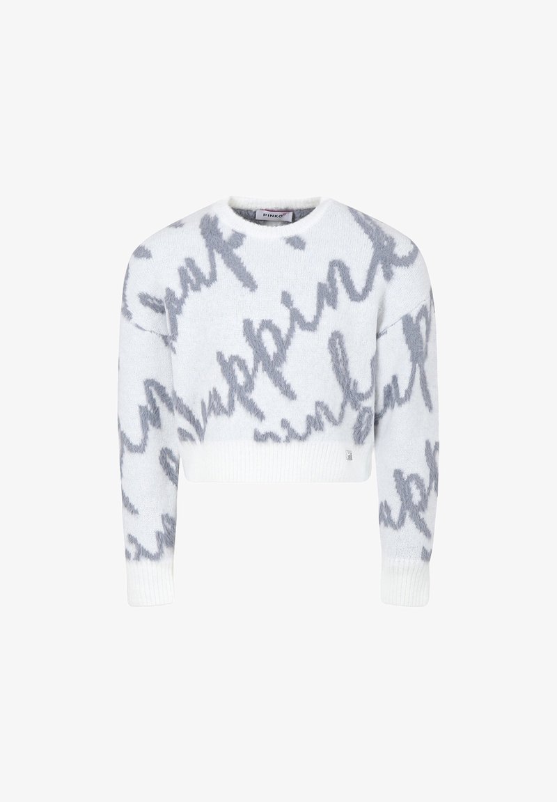 Maglione bianco corto con motivo in testo corsivo grigio e polsini e orlo a coste, con scollo a giro.