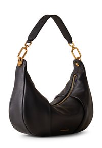 Borsa a mano in pelle nera con forma curva, dotata di cerniera e accessori dorati e una finitura morbida e texture. Tracolla con marchio in rilievo.