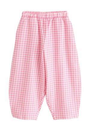 Pink and white gingham check loose-fit pants with elastic waistband and tapered legs.