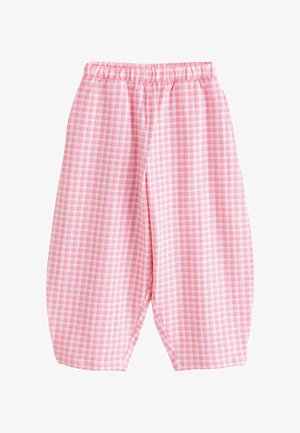 Luźne spodnie w różowo-białą kratę gingham z elastycznym pasem i zwężanymi nogawkami.