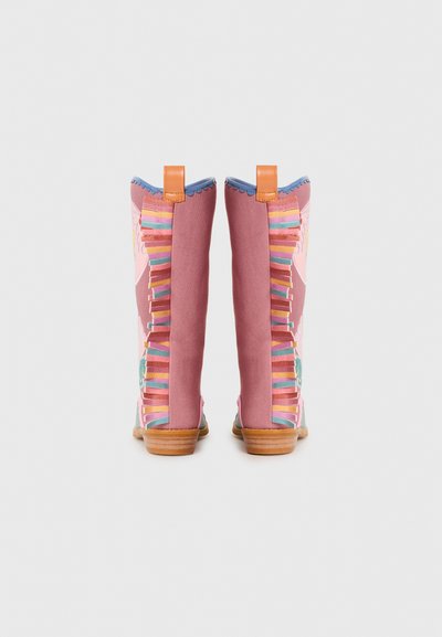 Tall pink fabric boots with multicolored striped accents, light blue top, and brown wooden heel. Features detailed embroidery on the sides.