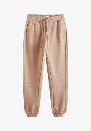 Pantaloni jogger rosa chiaro con cintura elastica, cordoncino, tasche laterali e polsini a coste. Realizzati in tessuto morbido. Presente un piccolo dettaglio con logo.