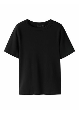 Sort kortærmet ribstrikket bomuldst-shirt med rund halsudskæring og lige kant, vist fladt på hvid baggrund.