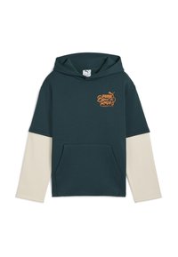 Felpa con cappuccio in teal scuro e beige. Presenta una tasca frontale e un audace logo arancione "Puma" con il testo "Break the Rules."