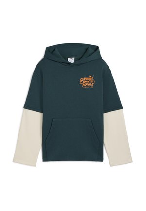 Sweat à capuche en bleu sarcelle et beige. Il présente une poche avant et un logo "Puma" orange vif avec le texte "Break the Rules".