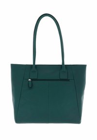 Sac fourre-tout en cuir teal avec de longues poignées et une poche zippée à l'avant, présentant un matériau texturé et un design simple cousu.