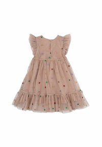 Ljusrosa klänning för småbarn med volangärmar och volangnederkant, dekorerad med flerfärgade broderade prickar, och knäppning bak.