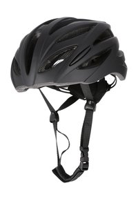 Sort cykelhjelm med aerodynamisk form, ventilationshuller og justerbare sorte stropper. Har en polstret inderside for komfort.