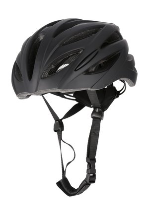 Zwarte fietshelm met aerodynamische vorm, ventilatieopeningen en verstelbare zwarte bandjes. Heeft een gevoerde binnenkant voor comfort.