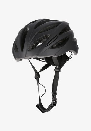 Sort cykelhjelm med aerodynamisk form, ventilationshuller og justerbare sorte stropper. Har en polstret inderside for komfort.