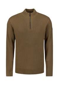 Bruin geribbeld brei sweater met een hoge kraag en een kwart ritssluiting, met een rechte zoom en lange mouwen. Zacht materiaal met een gestructureerd patroon.
