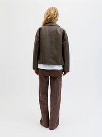 Brown leather jacket with a collared design, detailed stitching, paired with brown striped pants and a white shirt underneath.
