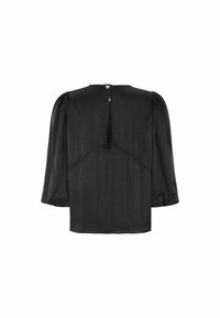Blusa nera con finitura testurizzata, dotata di lunghe maniche a sbuffo, un'apertura sul retro a forma di V discreta e dettagli con cuciture verticali.