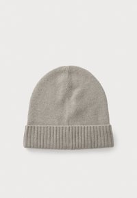 Gray knitted beanie with a ribbed cuff, soft texture, and a rounded top. Features a seamless design and neutral color suitable for various outfits.