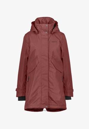 Veste imperméable rouge avec capuche, deux poches avant et bord noir aux poignets. Comprend des fermetures à pression et un cordon de serrage pour l'ajustabilité.