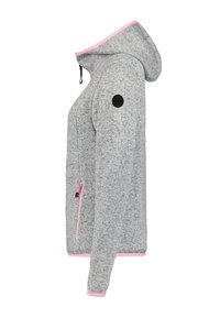 Graue Kapuzenjacke mit Reißverschluss, mit pinken Akzenten an der Kapuze und den Bündchen, einem schwarzen Logo-Patch und einem strukturierten Stoff.