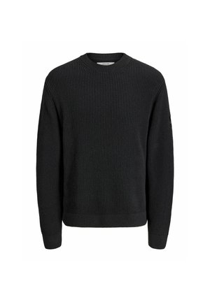 Pull en maille noir à manches longues avec col rond et poignets et ourlet côtelés, présenté sur fond blanc.