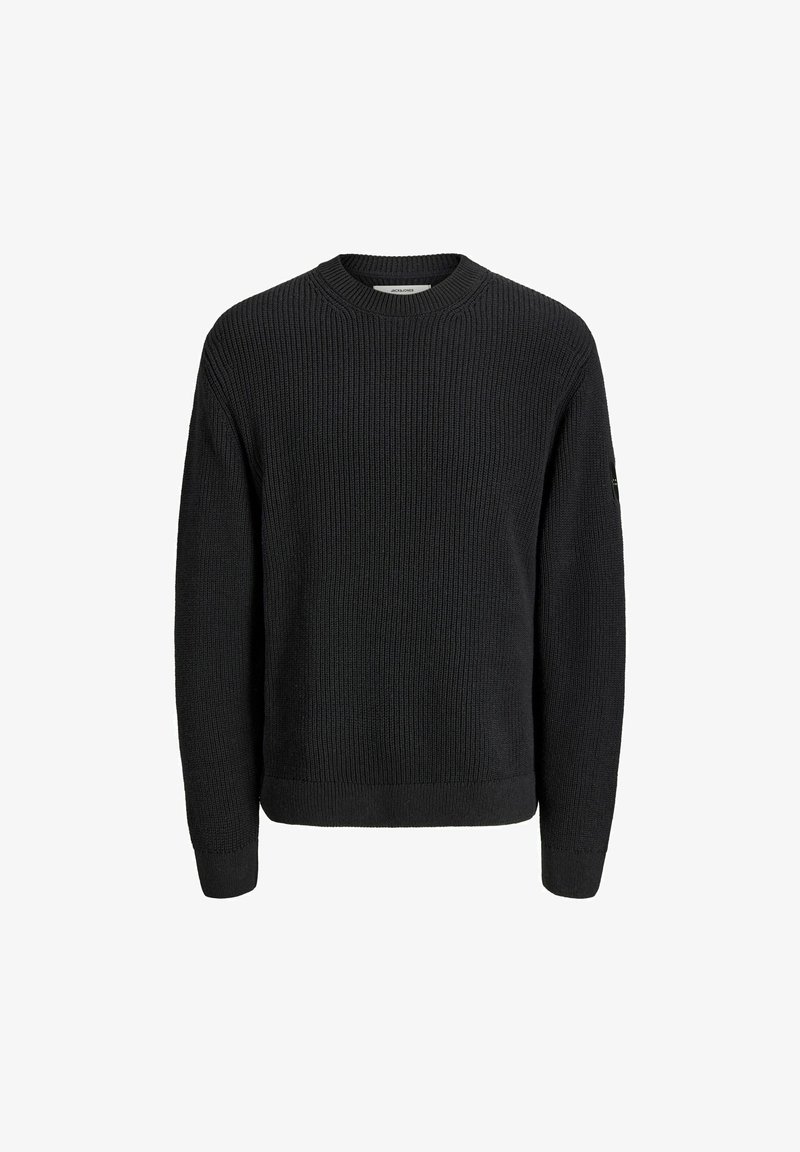 Pull en maille noir à manches longues avec col rond et poignets et ourlet côtelés, présenté sur fond blanc.