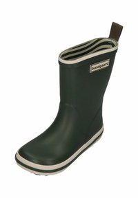 Botte de pluie en caoutchouc verte avec une surface texturée, semelle couleur crème et doublure intérieure rayée ; équipée d'une languette pour un enfilage facile.